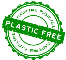 Grunge green plastic free word round rubber seal stamp on white background