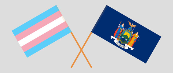 Crossed flags of Transgender Pride and The State of New York. Official colors. Correct proportion