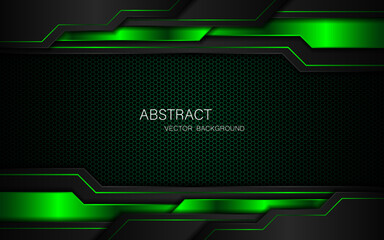 Abstract black and green polygon with green glow lines on dark steel mesh background with free space for design. modern technology innovation concept background  © Natt