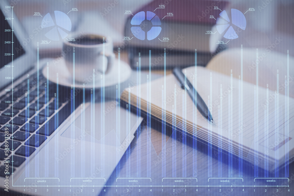 Poster Double exposure of forex chart drawing and desktop with coffee and items on table background. Concept of financial market trading