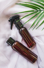 Brown Skincare Bottle with Palm Leaf. Organic Natural  Beauty Product. Herbal Alternative Medicine. Beauty Cosmetic.