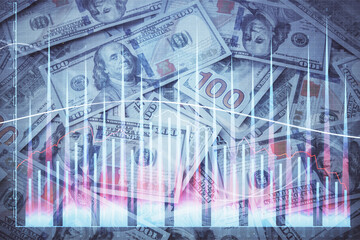 Double exposure of forex graph drawing over us dollars bill background. Concept of financial markets.