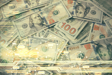 Double exposure of data theme drawing over us dollars bill background. Technology concept.