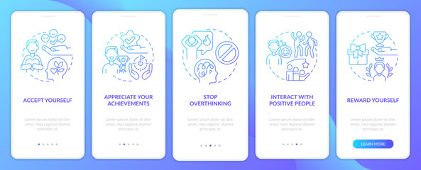 Dealing with confidence lack blue gradient onboarding mobile app screen. Walkthrough 5 steps graphic instructions with linear concepts. UI, UX, GUI template. Myriad Pro-Bold, Regular fonts used