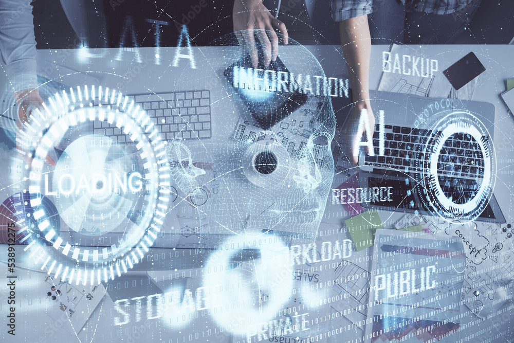 Poster double exposure of man and woman working together and technology theme drawing hologram. big data co