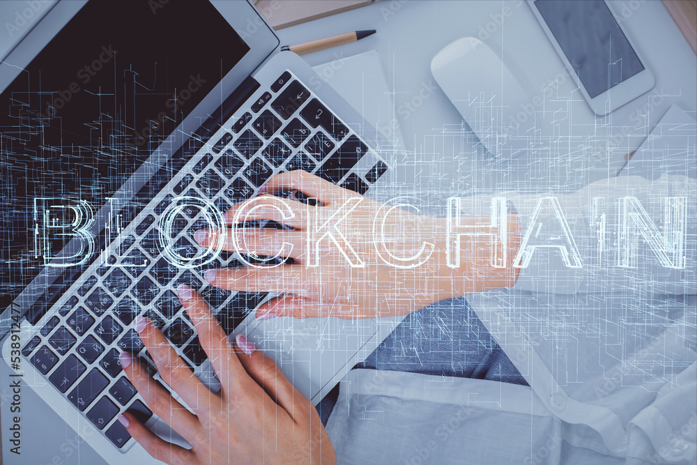 Poster Double exposure of woman hands working on computer and blockchain theme hologram drawing. Top View. bitcoin cryptocurrency concept.