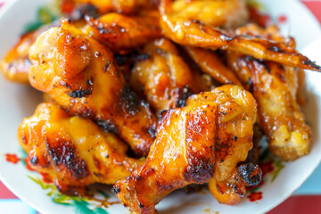 Close-up of roasted chicken drumsticks and wings placed on a plate