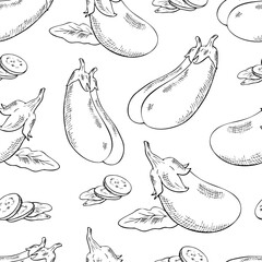 seamless, colorless pattern with eggplant and leaves, contour drawing by hand with hatching