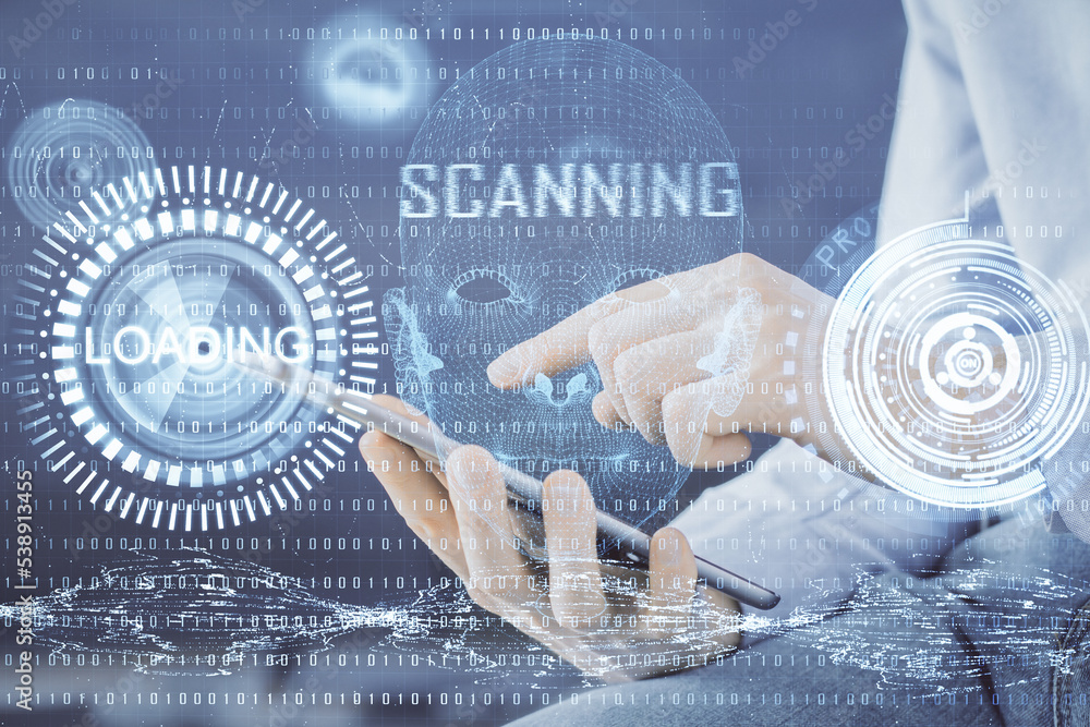 Poster Multi exposure of man's hand holding and using a digital device and data theme drawing. Innovation concept.