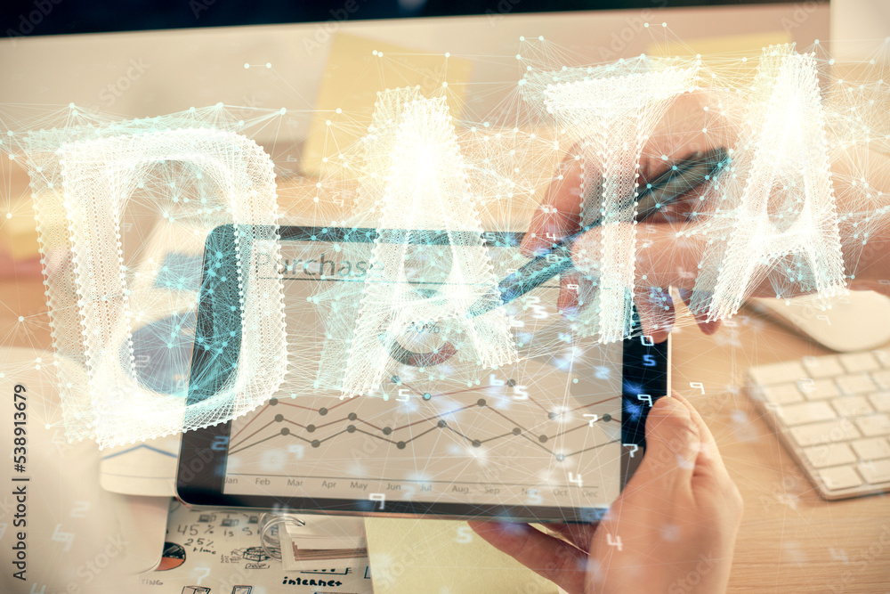 Aufkleber Multi exposure of man's hands holding and using a digital device and data theme drawing. Innovation concept.