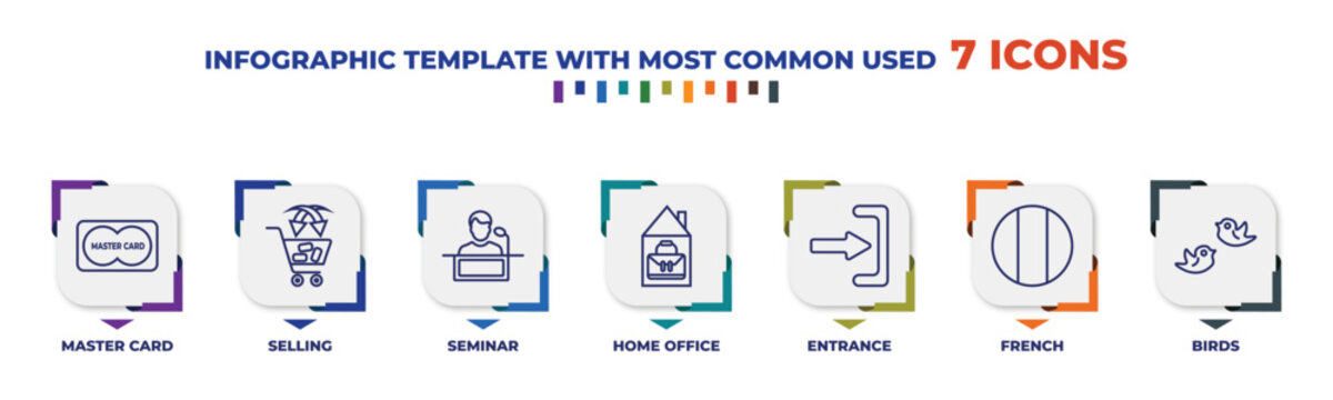 Infographic Template With Outline Icons. Thin Line Icons Such As Master Card, Selling, Seminar, Home Office, Entrance, French, Birds Editable Vector. Can Be Used For Web, Mobile, Info Graph.