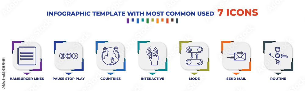 Poster infographic template with outline icons. thin line icons such as hamburger lines menu, pause stop pl