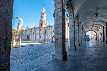 views of famous arequipa cathedral in plaza de armas, peru - obrazy, fototapety, plakaty