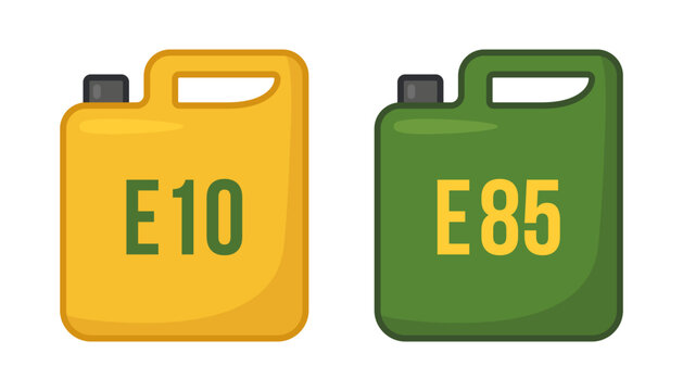 Canister of ethanol gasoline E10 and E85. Different premium petrol icon. Vector illustration
