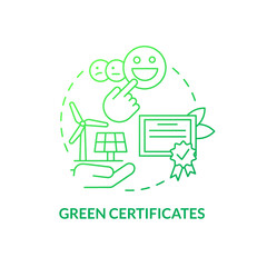 Eco certificates green gradient concept icon. Alternative electricity program. Buying clean energy abstract idea thin line illustration. Isolated outline drawing. Myriad Pro-Bold font used