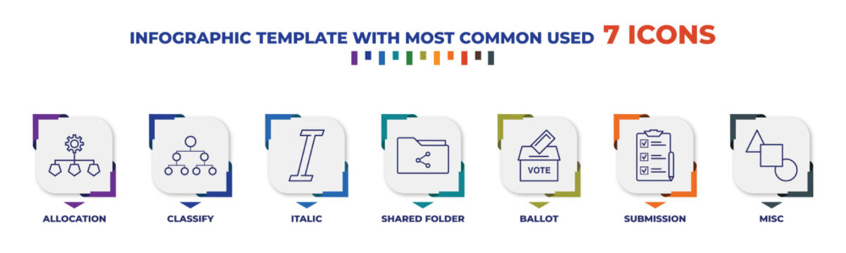 infographic template with outline icons. thin line icons such as allocation, classify, italic, shared folder, ballot, submission, misc editable vector. can be used for web, mobile, info graph.