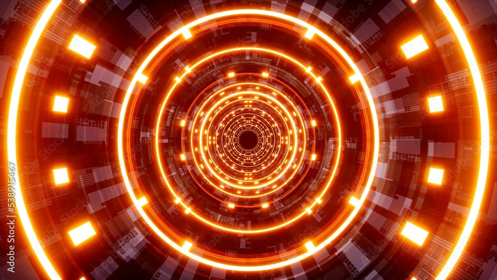 Wall mural bright orange light in the cyber pattern tunnel background