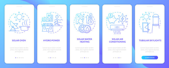 Power home with green energy blue gradient onboarding mobile app screen. Walkthrough 5 steps graphic instructions with linear concepts. UI, UX, GUI template. Myriad Pro-Bold, Regular fonts used