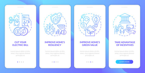 Considering renewable power reasons blue gradient onboarding mobile app screen. Walkthrough 4 steps graphic instructions with linear concepts. UI, UX, GUI template. Myriad Pro-Bold, Regular fonts used