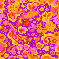 Fototapeta na wymiar Abstract psychedelic surface pattern design for textile , stationery, wrapping paper. Colorful retro seamless pattern with hand drawn groovy elements and flowers. Vintage 60s hippie vector background