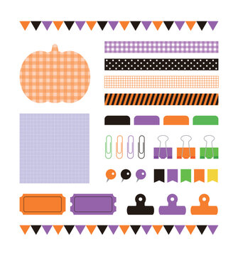 A set of decorative illustration icons for the concept of 'Halloween Day', an event festival in October. Various objects such as notes, labels, indexes, tongs, clips, thumbtacks and pins.