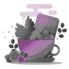 tea cup with leaves, flowers and phone