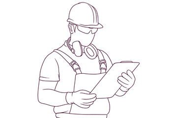 engineer looking at clipboard hand drawn style vector illustration