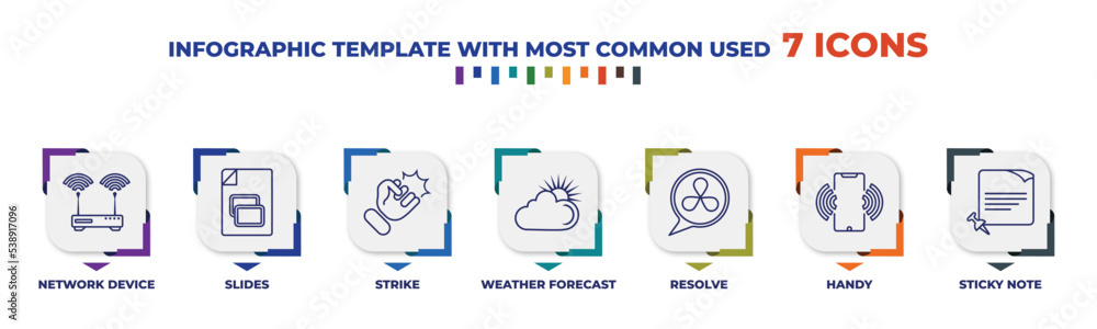 Poster infographic template with outline icons. thin line icons such as network device, slides, strike, wea