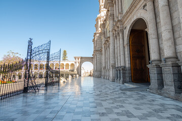 views of famous arequipa cathedral in plaza de armas, peru