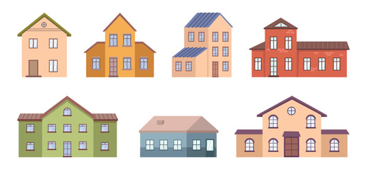 Houses of classic suburban architecture. Isolated buildings constructions, residential homes for living. Big mansions for families. Vector in flat style