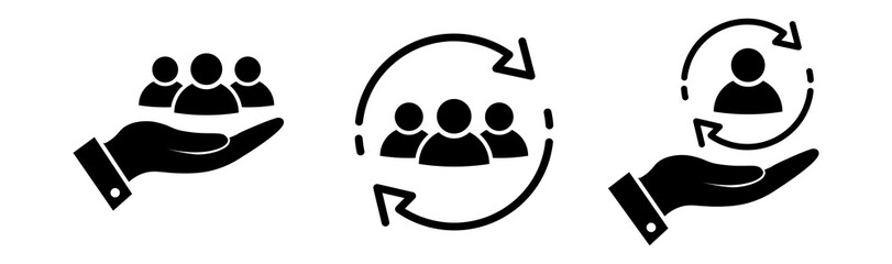 Customer care icon set in flat. Social help symbol on white. Retention client sign in black. Support service icon. People protection, safety symbol. Vector illustration for graphic design, logo, UI.