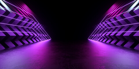 Stage Podium Corridor Hallway Modern Sci Fi Neon Light Glowing Laser Beam Lines On Concrete Floor Abstract Backgrounds Illustration 3d Rendering