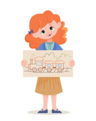 Girl show drawing. Charming character standing with train drawn in pencils. Creativity and art. Training and education. Sticker for social networks and messengers. Cartoon flat vector illustration