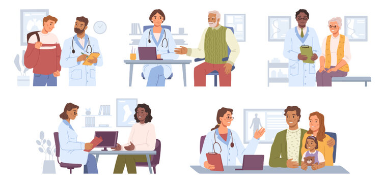 Doctors Giving Consultations To Patients In Clinics And Hospitals. Family Doc Giving Prescription And Treatment, Flat Cartoon Character, Vector In Flat Style