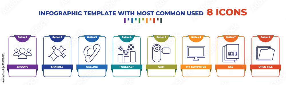 Poster infographic template with outline icons. thin line icons such as groups, sparkle, calling, forecast,