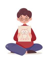 Boy show drawing. Young guy sits in lotus position and holds drawing of cat. Creativity and art, education, learning and self development, training. Poster or banner. Cartoon flat vector illustration