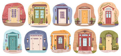 Doors of houses, isolated entrances of homes. Wooden and metal portals leading to residential building. Porches with houseplants and decor. Vector in flat style