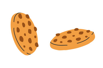 Hand drawn cute illustration of two cookies. Flat vector shortbread with chocolate chips in simple colored doodle style. Sweet bakery sticker, icon or print. Isolated on white background.