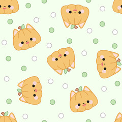 Seamless pattern of pumpkin-cat in kawaii style with dots on an isolated green background.