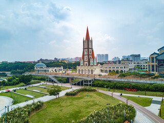 Obraz premium A red gothic steeple church building