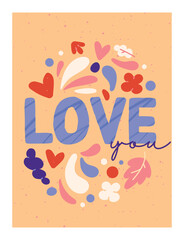 Love you poster. Gift, surprise and present. Minimal art. Graphic element for website. Support and care. Decoration of apartment and room. Stylish fashion interior. Cartoon flat vector illustration