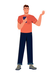 Man with smartphone. Young guy listens to music. Character in headphones holds phone in his hand. Podcast and playlist. Sticker for social networks and messengers. Cartoon flat vector illustration