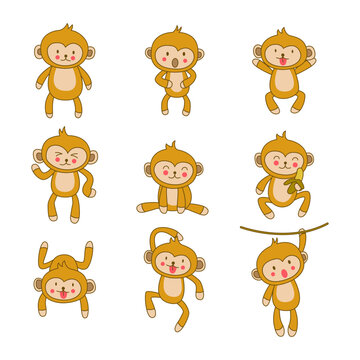 set of cute animal of monkey on cartoon version
