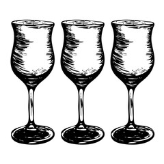 Vector doodle hand drawn sketch black ink illustration of three wine glasses