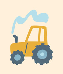 Cute tractor icon. Yellow vehicle, transport. Sticker for social networks and messengers. Education and learning, development of childrens skills, part of map pattern. Cartoon flat vector illustration