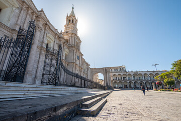 views of famous arequipa cathedral in plaza de armas, peru