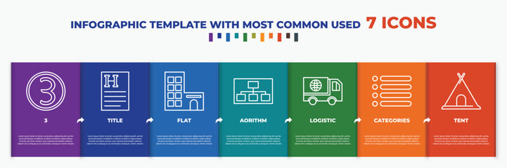infographic template with outline icons. thin line icons such as 3, title, flat, aorithm, logistic, categories, tent editable vector. can be used for web, mobile, info graph.