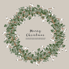 Christmas wreath with floral elements. Eco winter decoration for the door. Vector flat cartoon illustration. Perfect for new year greeting cards, invitation, wrapping paper, tags - 538921248