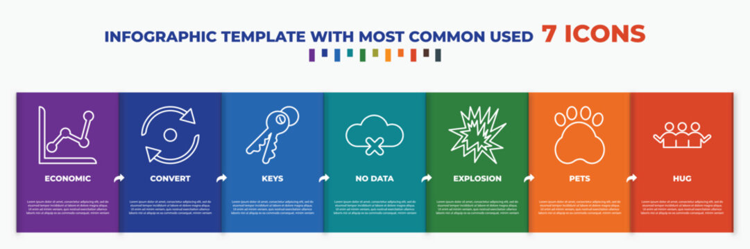 infographic template with outline icons. thin line icons such as economic, convert, keys, no data, explosion, pets, hug editable vector. can be used for web, mobile, info graph.