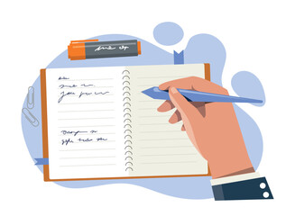To do list concept. Character writes down goals in notebook, time management and efficient workflow. Motivation and leadership, vision of future and task settings. Cartoon flat vector illustration